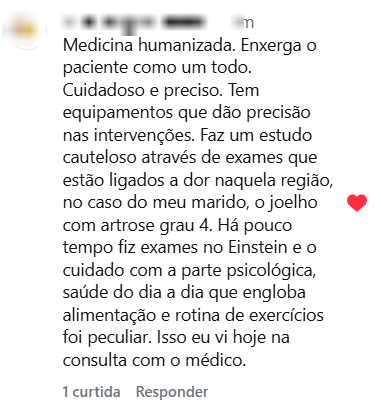 Comentário no Instagram sobre o tratamento de artrose grau 4 no joelho do marido