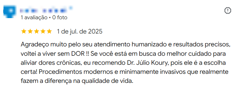 Avaliação cinco estrelas no Google: voltou a viver sem dor com procedimentos minimamente invasivos